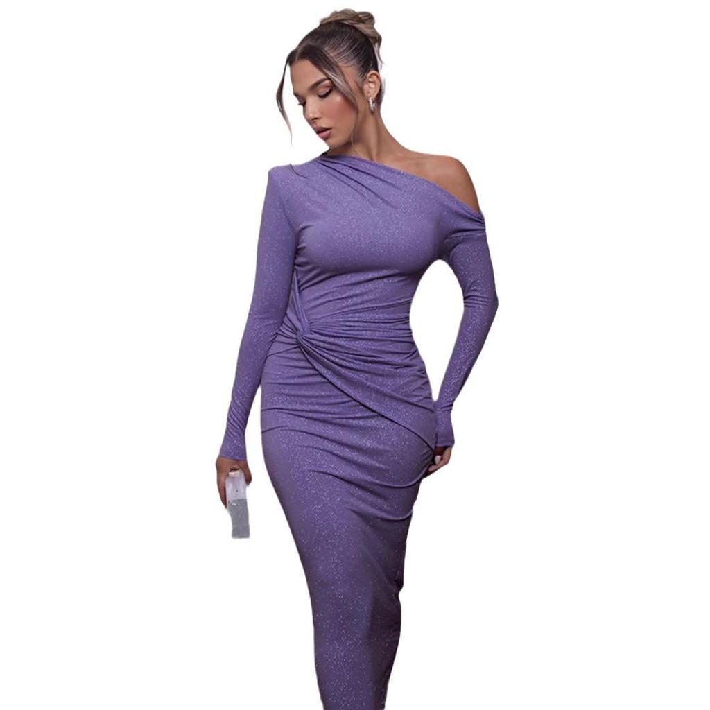 Europäischer Stil Damen One-Shoulder Raffung Langarm Figurbetontes Kleid - Herbst- und Winterkollektion
