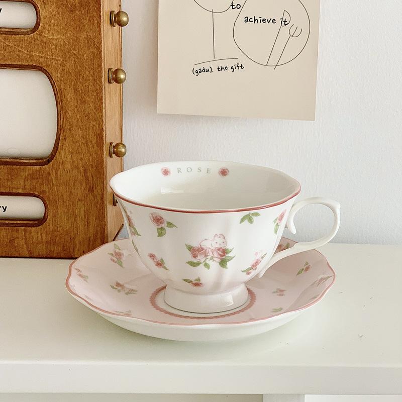 Pink Rabbit Print Vintage Coffee Cup and Saucer Set Ceramic Cup Cute Girls' Afternoon Tea Dim & Saucer