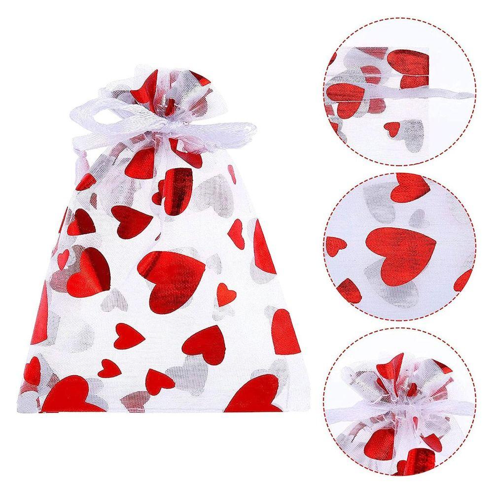20pcs Drawstring Valentine's Day Gift Bag Love Heart Organza Mesh Candy Pouches Mini Reuse Bronzing Gift Bag Party