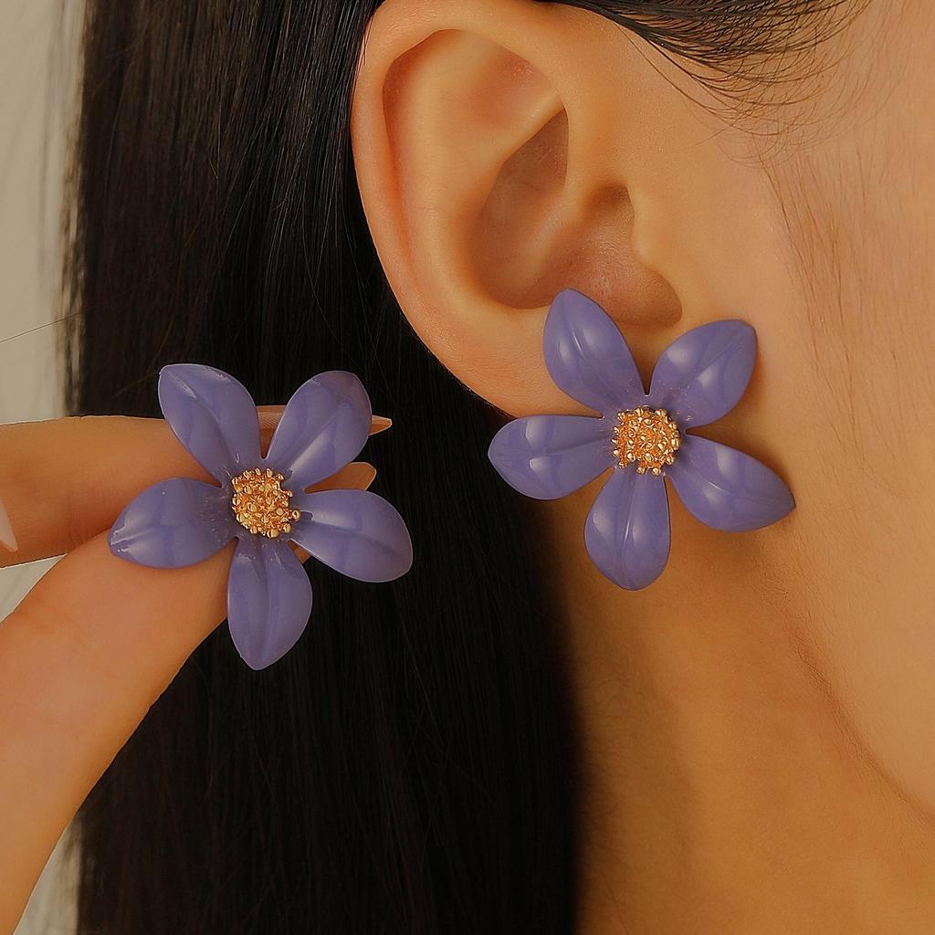 Colorful Drip Oil Flower Stud Earrings - Simple Double-Layer Petal Design for Women, Perfect for Spring and Summer