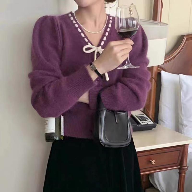 Spring and autumn bow tie V-neck long-sleeved knitted sweater, gentle white women's loose all-match top 6738#
