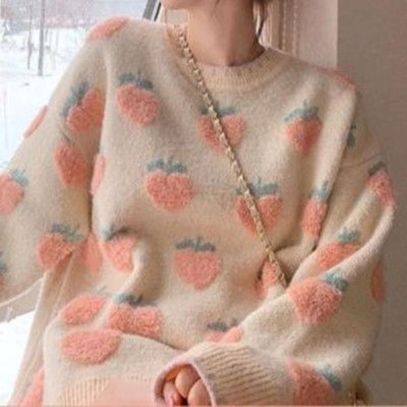 Women Peach Jacquard Solid Color Sweater Korean Loose Female Pullover Knitted Sweaters Autumn Lady Versatile Long Sleeved Tops