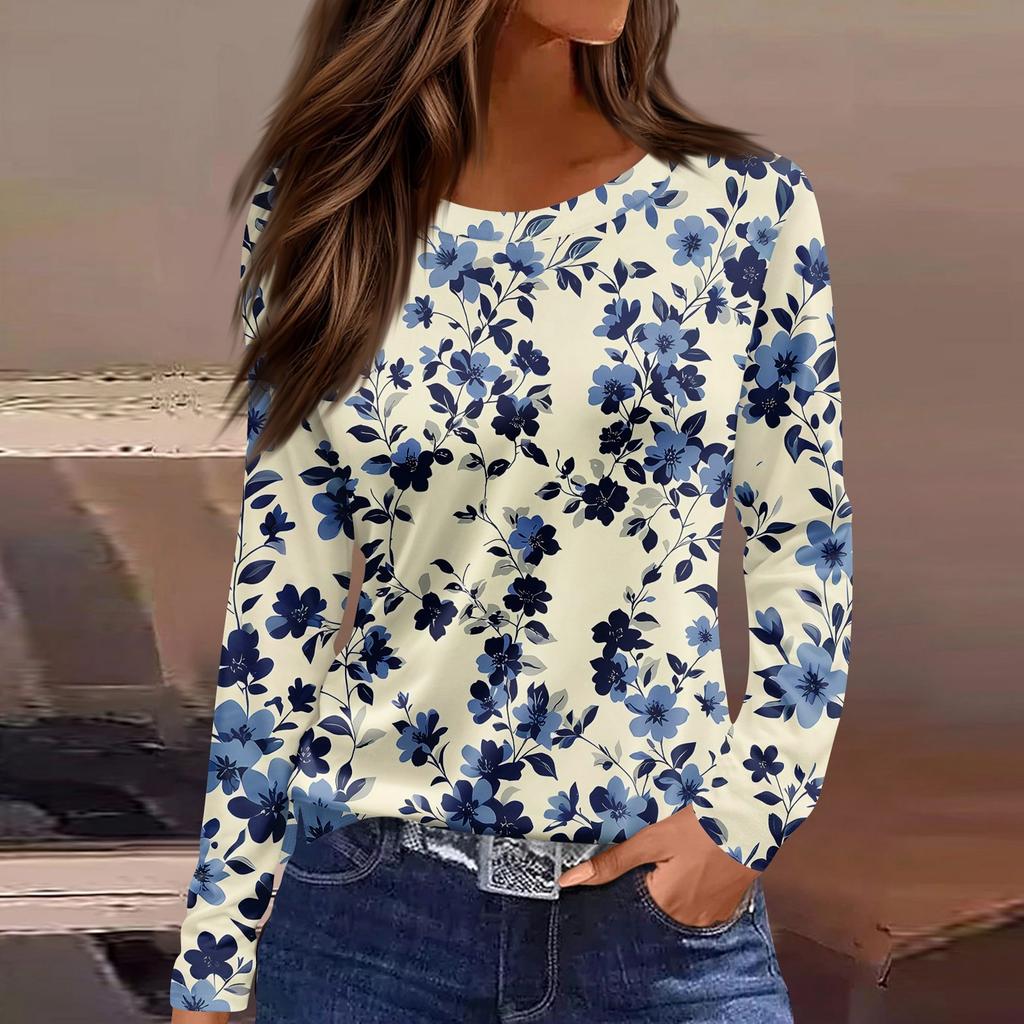 Women's Fashion Casual Slit Hem Round Neck Long Sleeve Loose Printed T-Shirt Ladies Top
