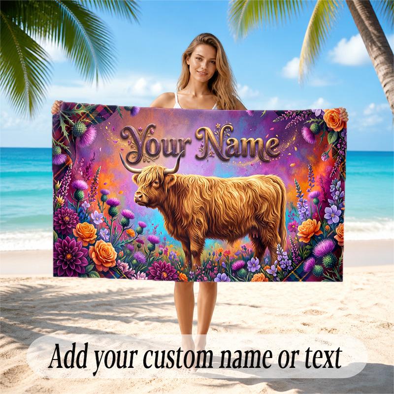 Highland Cow Theme Quick Dry Beach Towel Custom Name Text Print Large Sand Resistant Towel Beach Vacation