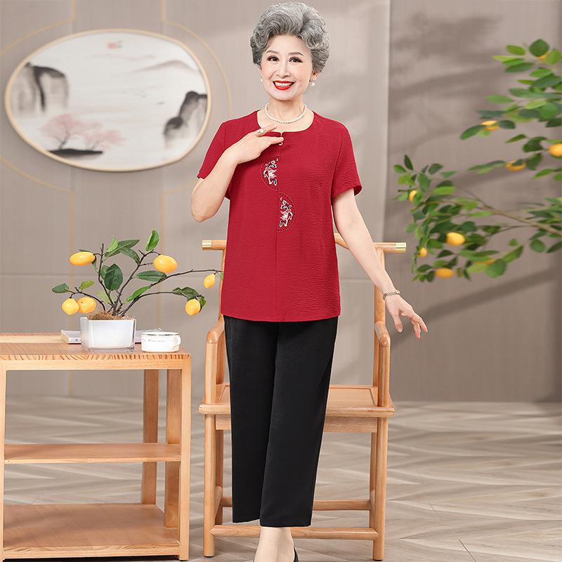 Grandma's Summer Casual Cotton & Linen Set: Short-Sleeve Embroidered T-Shirt for Elderly Women