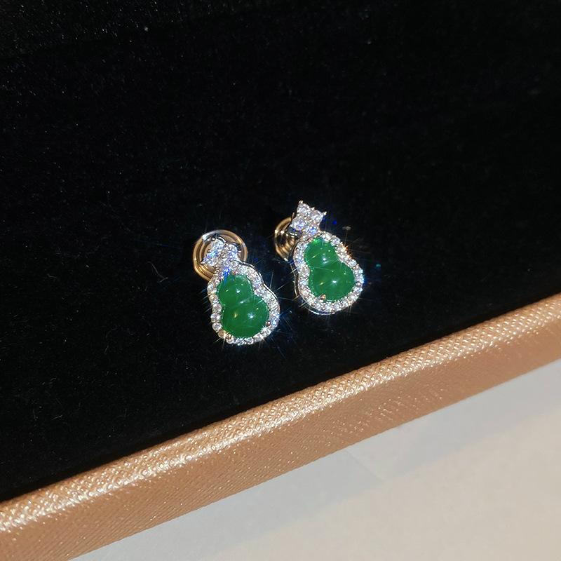 New Chinese small zircon green gourd silver needle earrings Chinese style simple niche high-end earrings
