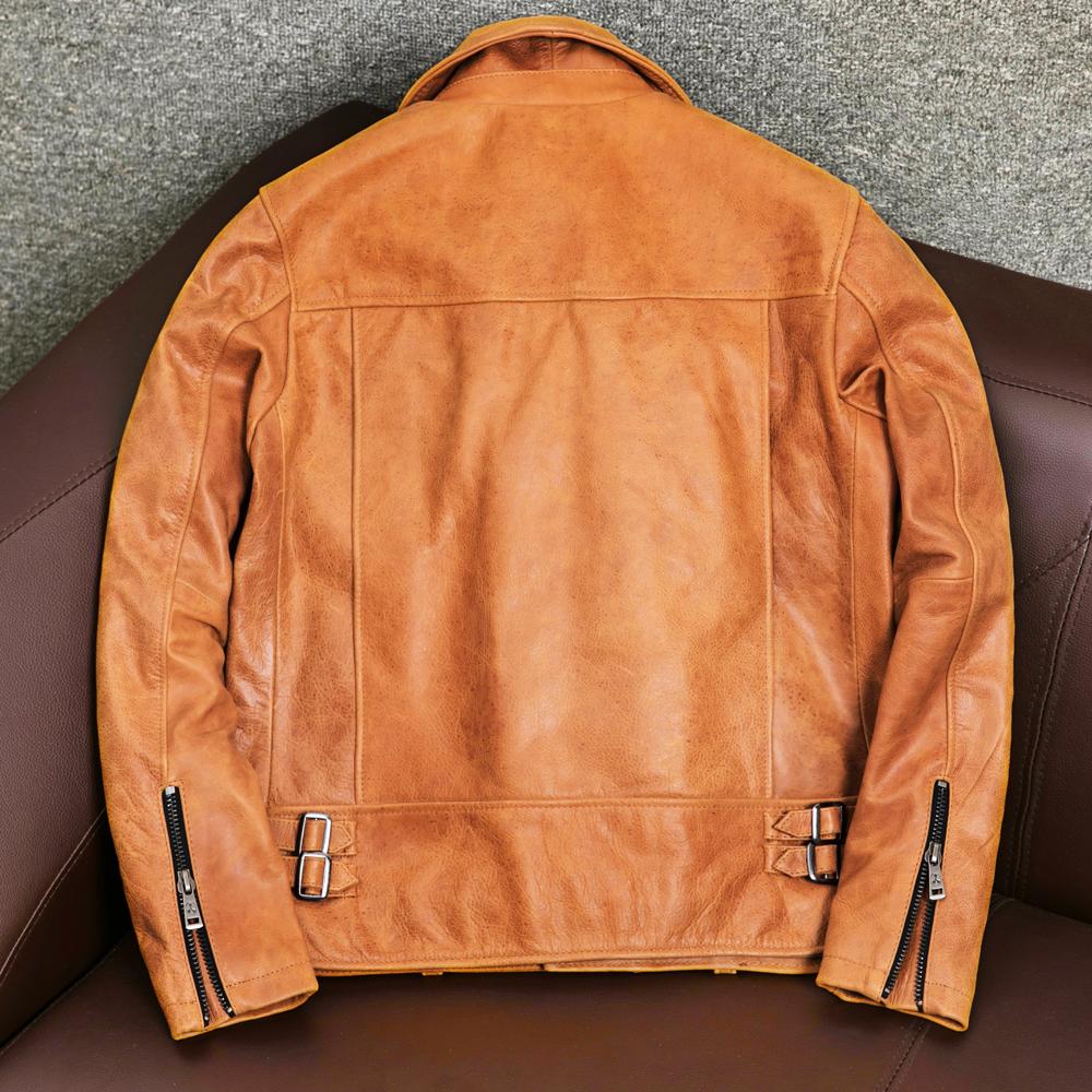 Mens Genuine Leather Jacket Heavyweight Waxed Cowhide Slim Fit Biker Short Coat Notch Lapel