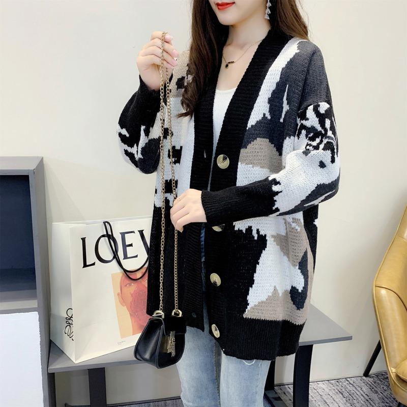Fashion Loose Knitted Cardigan Printed Sweater Women's 2025 New V Neck Long Sleeve Casual Office Simple Spring and Autumn Coat Outside Clothing