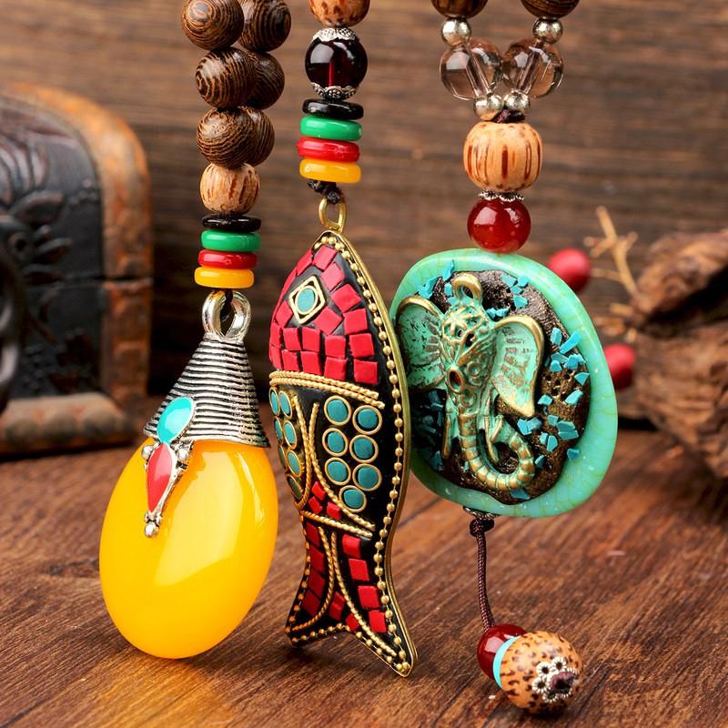 Handmade Bohemian Long Pendant Necklace Women With Wooden Beads Bodhi Seed Charm Vintage Ethnic Style