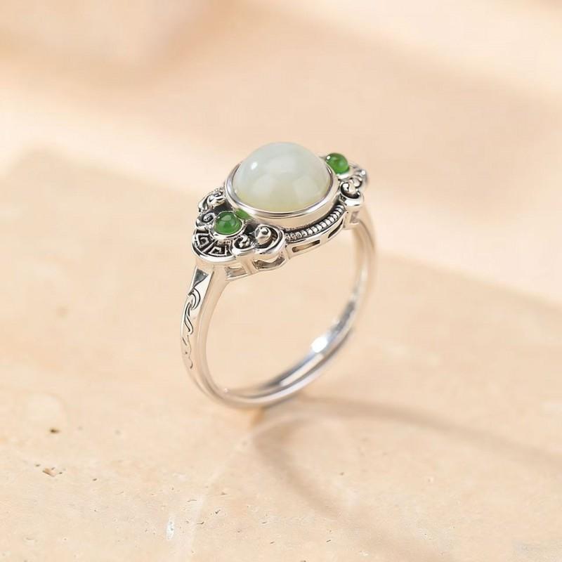 Adjustable Open Ring Women Men Natural Hetian Jade Style Turquoise Green Jadeite With Ruyi Cloud Motif Vintage Boho Ethnic