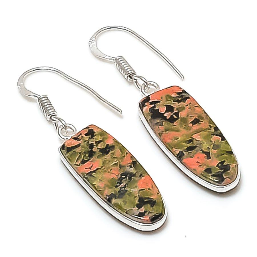 Натуральный Унакит Ручная Работа Серьга из Стерлингового Серебра 925 пробы 1,65  AE-11447