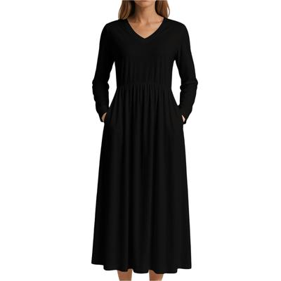 Dress For Women Long Boho Beach Dress Elegant Maxi Dress V-Neck Long Sleeve Dress With Pockets