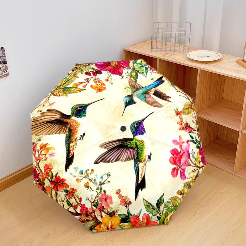 1 PC Automatic Folding Umbrella - Hummingbirds Floral Pattern, Portable & Foldable Design with 8 Ribs, Christmas Birthday Gifts