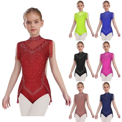 Maillot de Danza Brillante con Pedrería para Niñas Cuello Mock Sin Mangas Espalda con Cremallera Invisible Body de Patchwork de Malla Transparente
