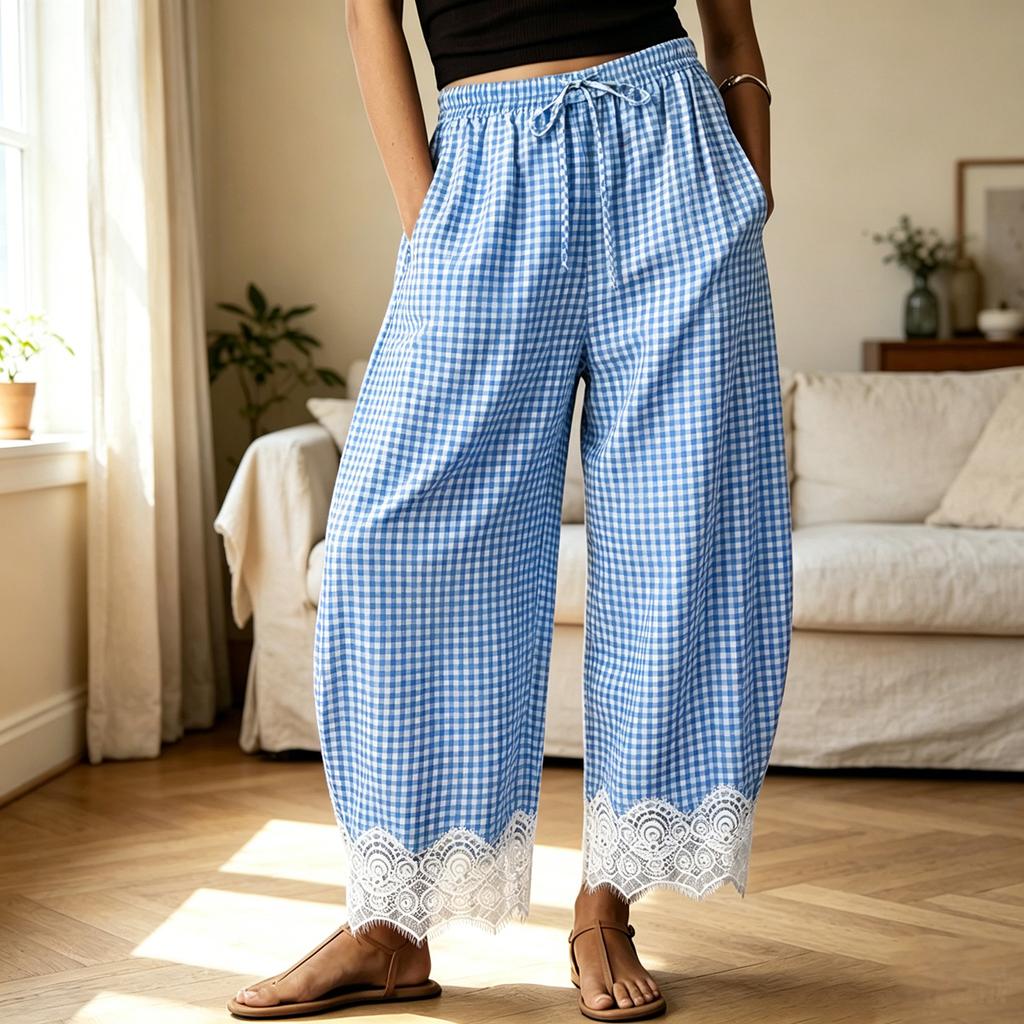 Pantaloni a Quadri Larghi da Donna con Vita Elastica e Bordi in Pizzo per Uso Quotidiano Casual