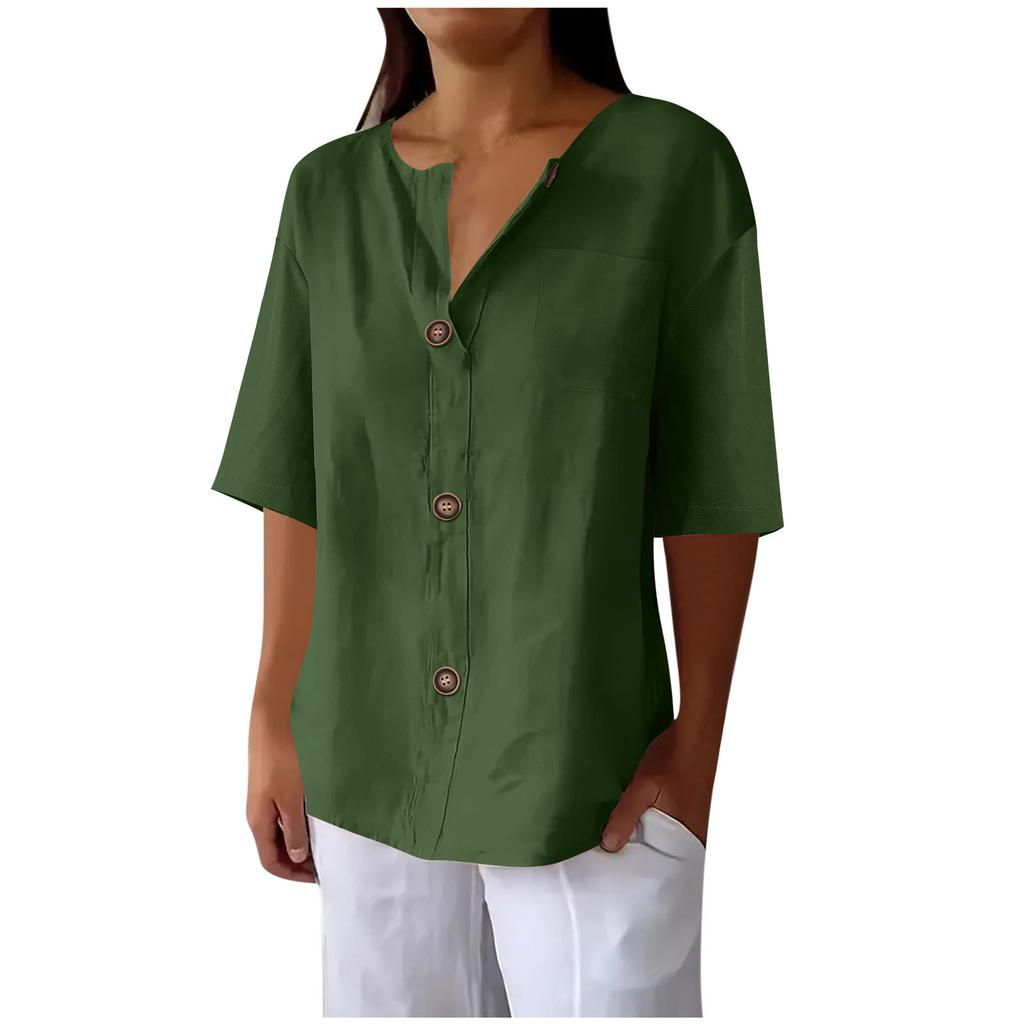 Summer Loose T-shirt Women's V-neck Cotton and Linen Button Top