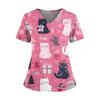Women's Christmas Print V-Neck Double Pocket Short Sleeves Hem Slit Uniform And Caregiver Top