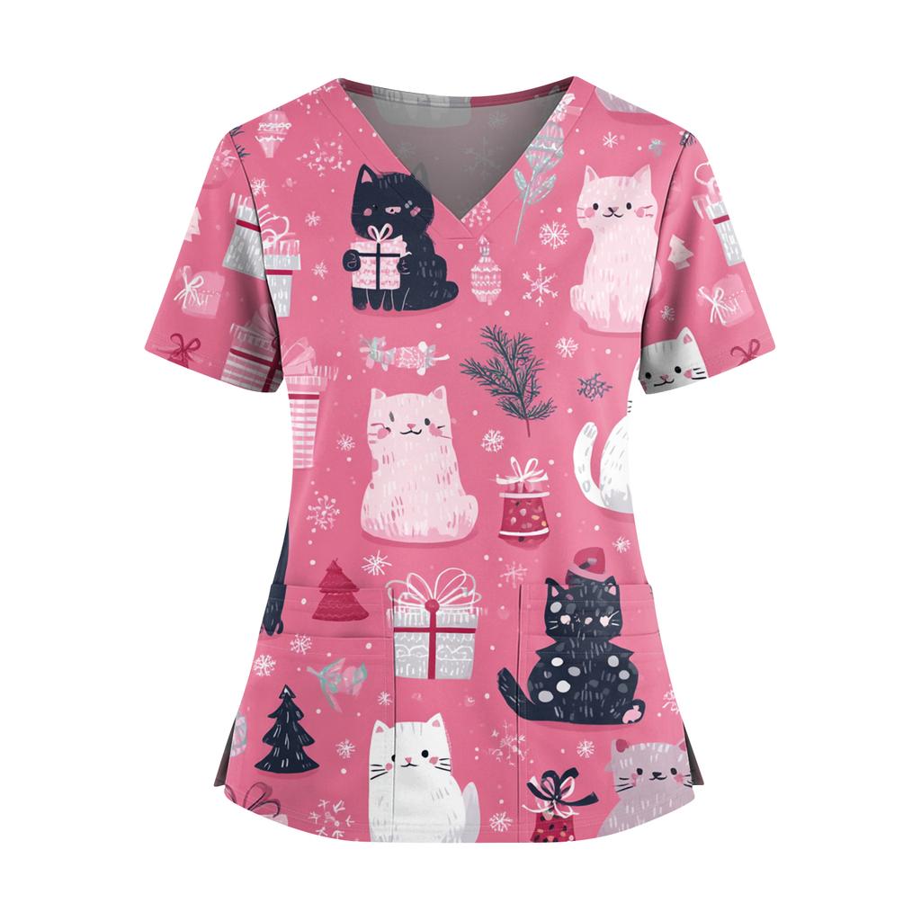 Women's Christmas Print V-Neck Double Pocket Short Sleeves Hem Slit Uniform And Caregiver Top
