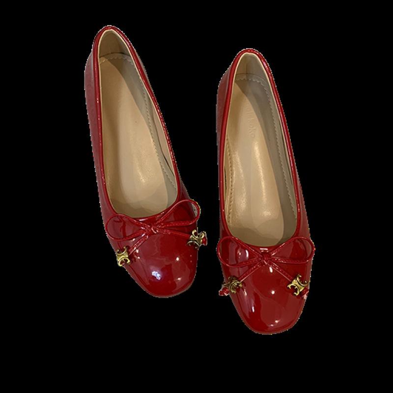 2025 New Spring French Small Inner Height Increase Flat Shoes Women's Bow Ballet Shoes Square Head Shallow Mouth Single Shoes
