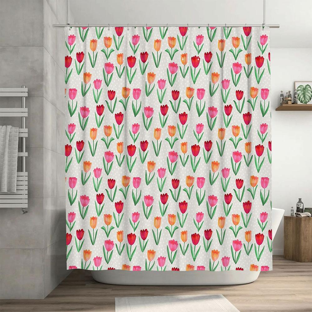 Floral Shower Curtain Botanical Tulip Flowers Pattern Waterproof Bathroom Decor Vintage Rustic Farmhouse Aesthetic Home Textile