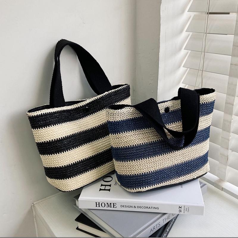 Summer Stripe Straw Bag Dam Casual Liten Väven Handväska Stor kapacitet Handgjord Strandrotting Tygväska