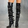 Women Punk Style High Thin Heel Long Boots Buckle Side Zipper Over The Knee Knight Boots for Nightclub Party Pub Banquet Catwalk