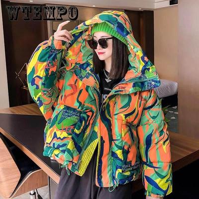 Veste d'hiver en coton imprimé pour femme, veste courte à capuche épaisse et tendance
