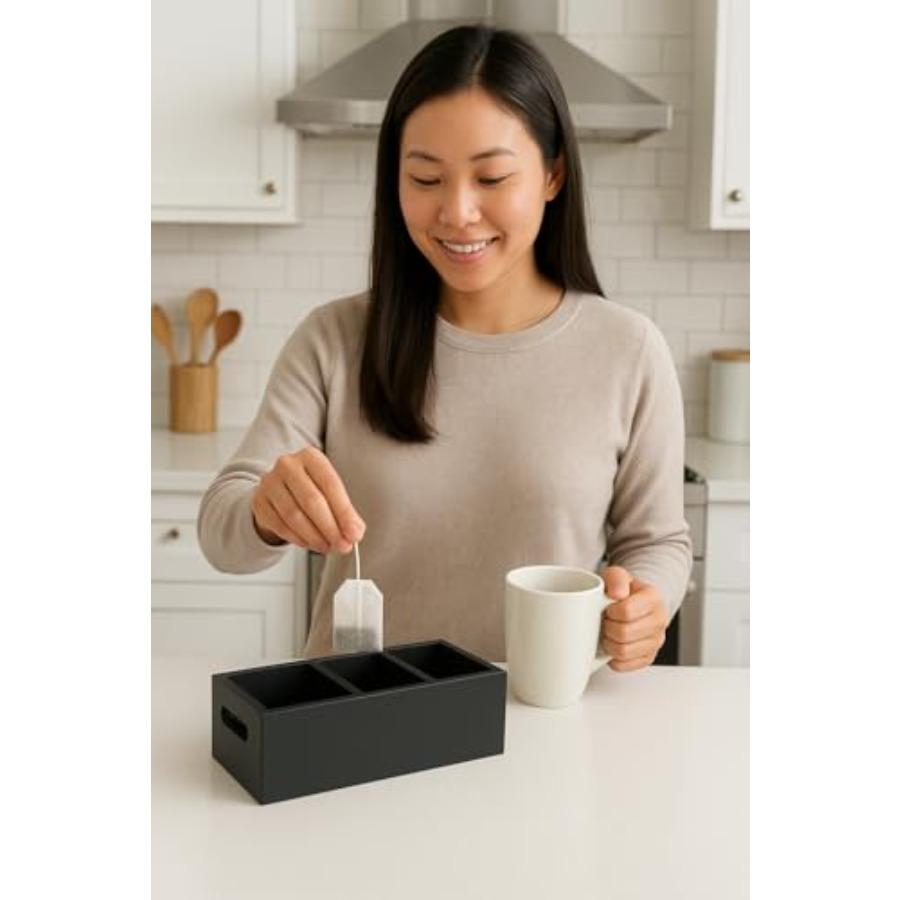 Schwarze Holz-Tee- und Zuckerpackungs-Organizer mit 3 Fächern, Holzkiste für Küchen- und Bürotischablage, Langlebig und Stilvoll