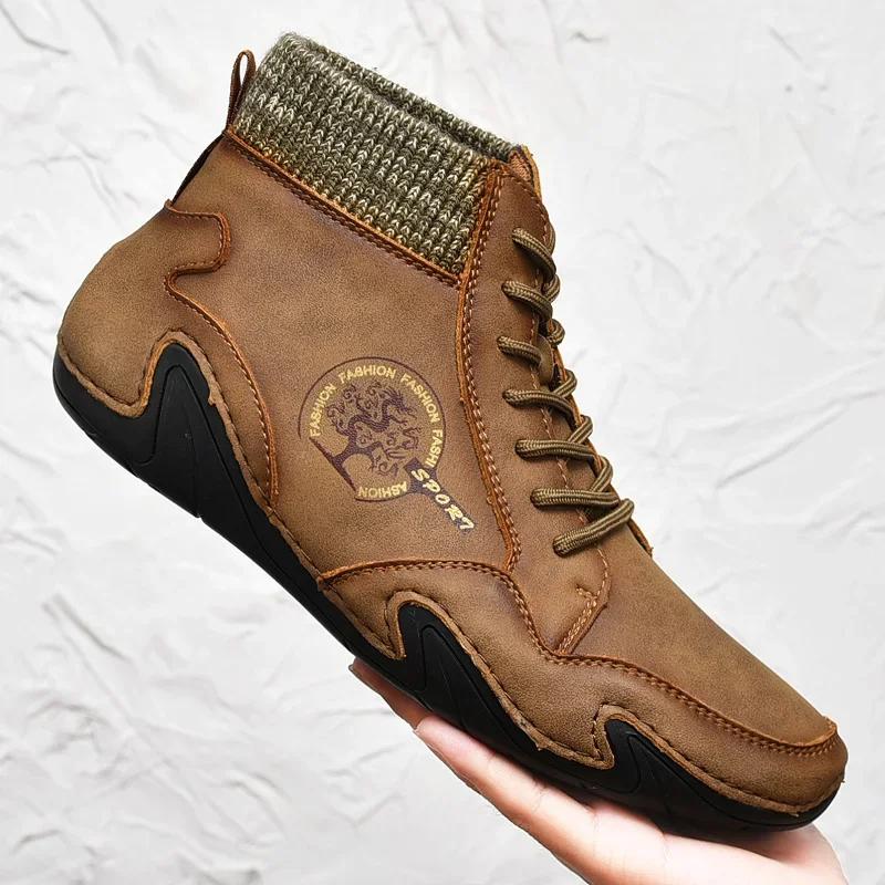 Winter Leder Herrenstiefel mit Fell Warme Schneestiefel Herren Komfort Freizeitschuhe Sneakers High Top Western Stiefeletten Wasserdicht