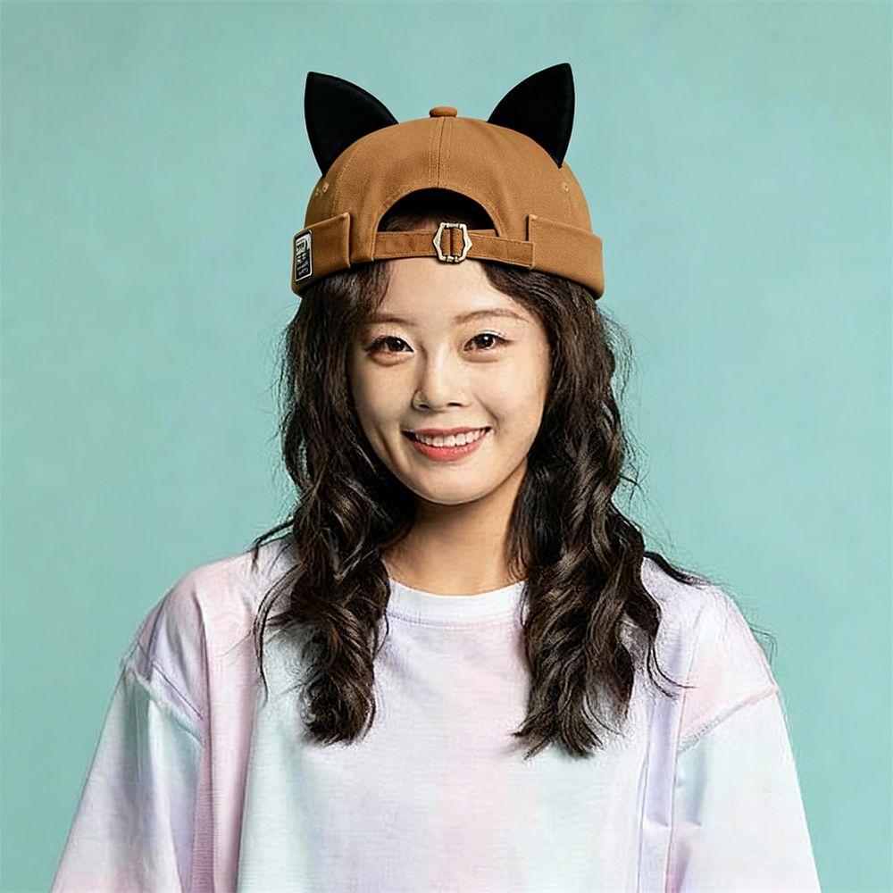Adjustable Hip Hop Melon Docker Cap Cute Cat Ears Brimless Hat Rolled Cuff Solid Color Retro Skullcap Outdoor Daily