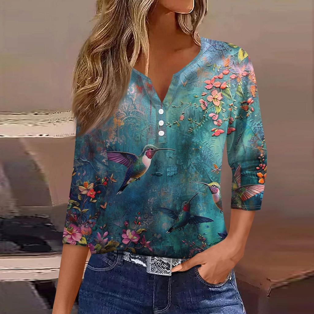 Women's T Shirt Tee Print Button 3/4 Sleeve Tunic Daily Weekend Fashion Basic V- Neck Regular Top