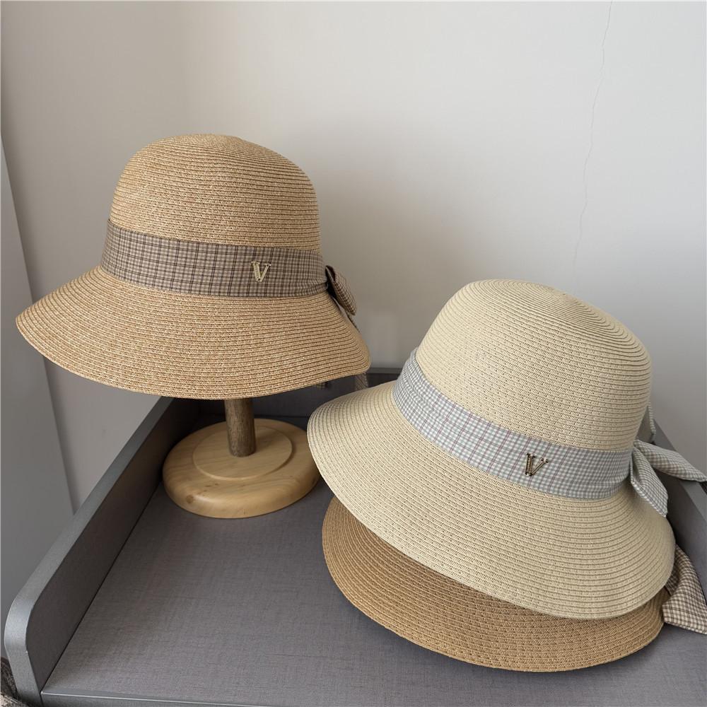 Straw Hat Versatile V Standard Plaid Bow Streamer Eaves Sunscreen Sunshade Bucket Hat Sun