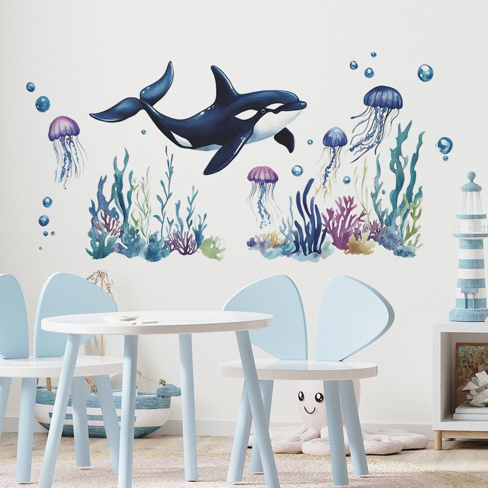 Underwater Whale Seaweed Jellyfish Bathroom Bathtub Wall Sticker Waterproof Home Background Decoration Self-Adhesive
