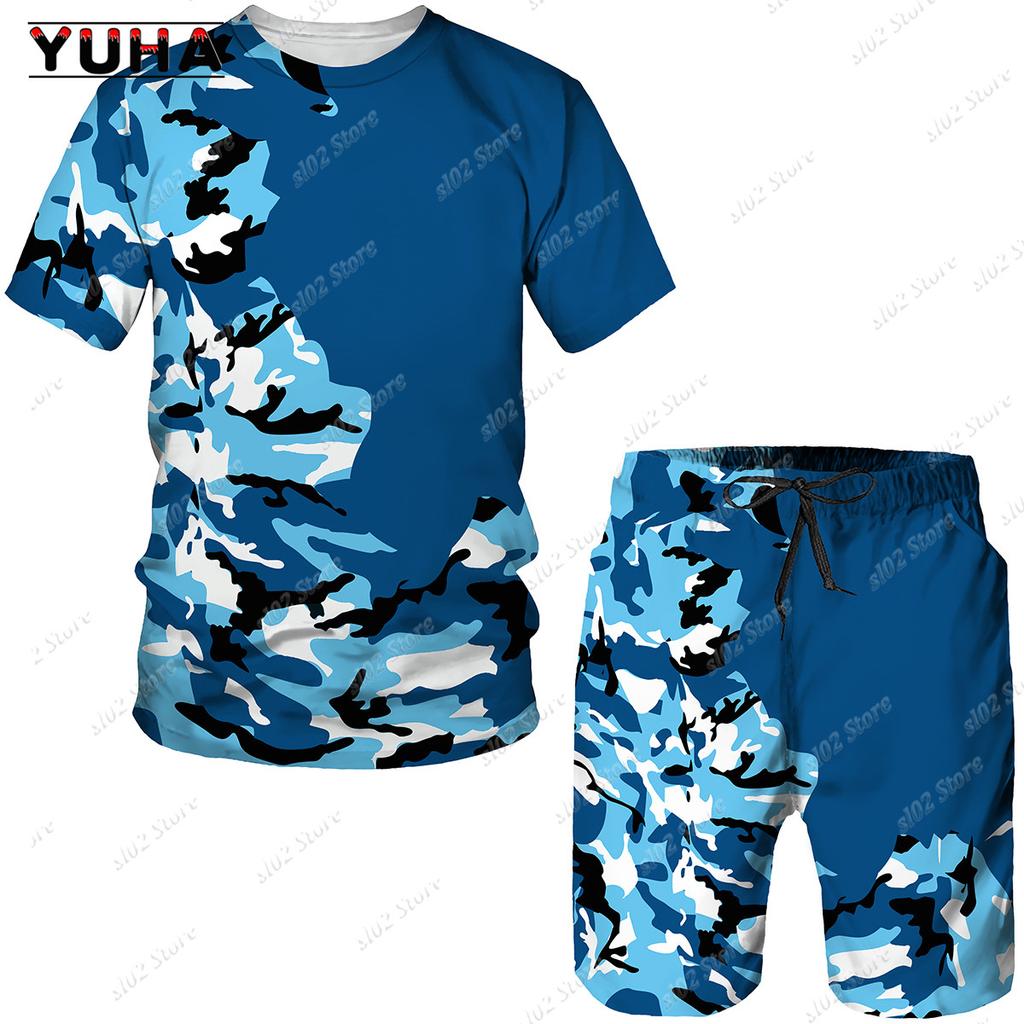YUHA 2022 Summer Camouflage Tees/Shorts/Suits Men's T Shirt Shorts Tracksuit Sport Style Outdoor Camping Hunting Casual Mens Clo