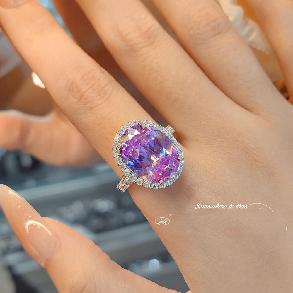 Luxury Heavy Duty Color Diamond Jewelry Set Pigeon Egg Pendant Necklace Red Ice Cut Earrings Purple Diamond Ring