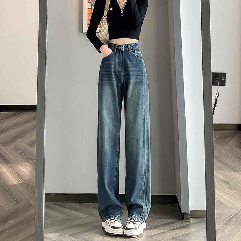 

Женские осенне-зимние теплые бархатные широкие джинсы с высокой талией, облегающие прямые свободные брюки длиной до пола, грушевидной формы L синий