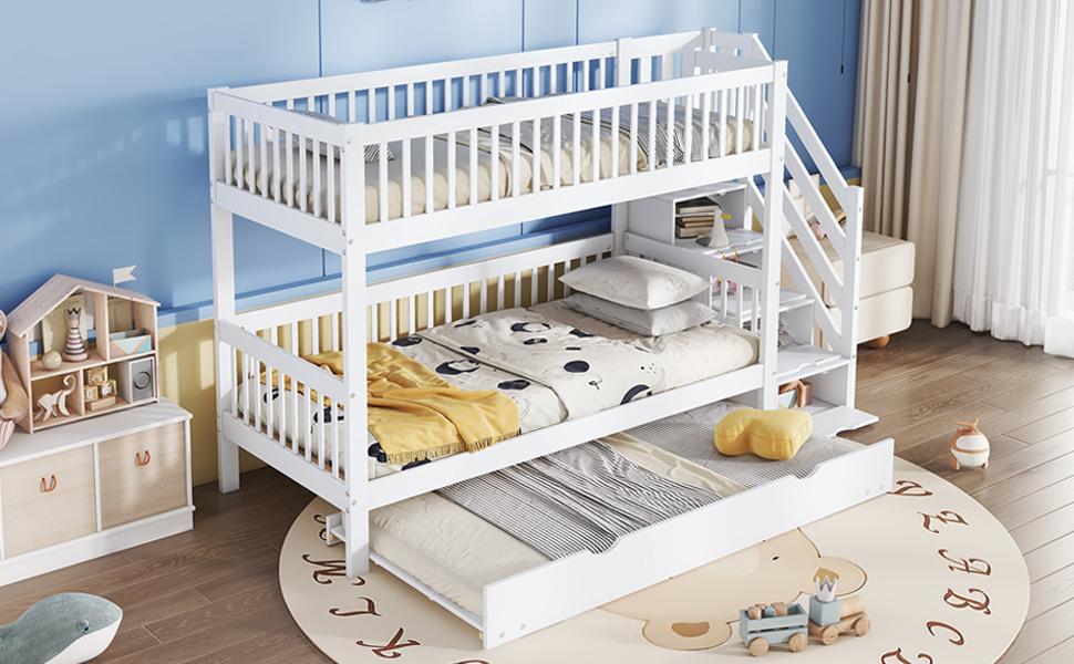 [53133456WAA]Etagenbett mit Ausziehbett, Schrank mit Leiter und Handlauf, Absturzsicherung an allen Seiten, Kiefer+MDF, Weiß, 90x200/190cm
