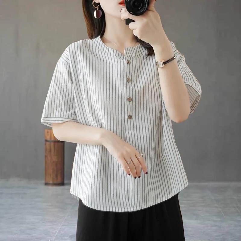 

Летняя женская хлопковая рубашка с короткими рукавами и свободная тонкая рубашка больших размеров в стиле ретро для женщин M белый