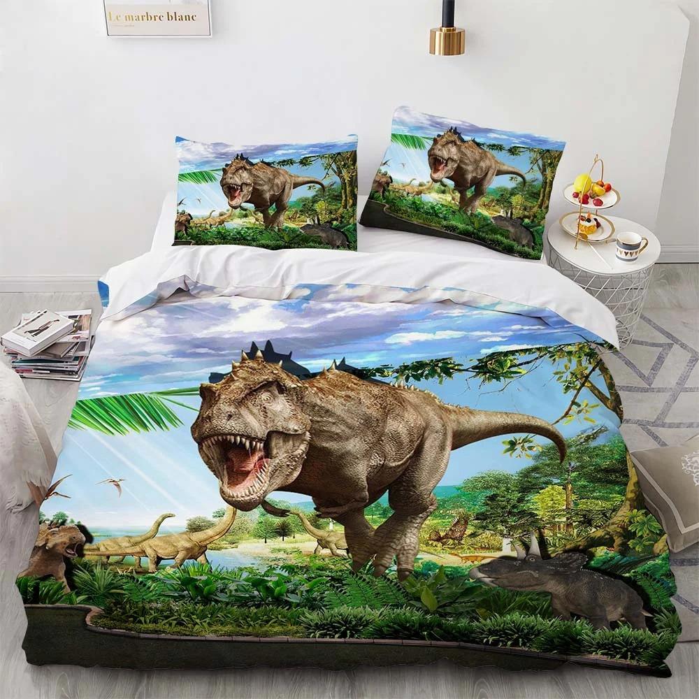 Dinosaur Duvet Cover Set King Queen Size For Kids Boys Girls Polyester Bedding Set Cartoon Wild Animals Pattern Comforter Cover