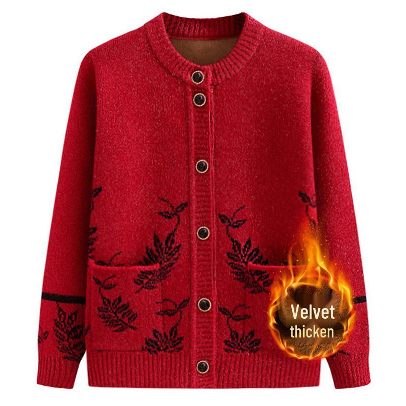 Warm Fleece-Lined Cardigan for Middle-Aged and Elderly Women - Spring/Autumn Style