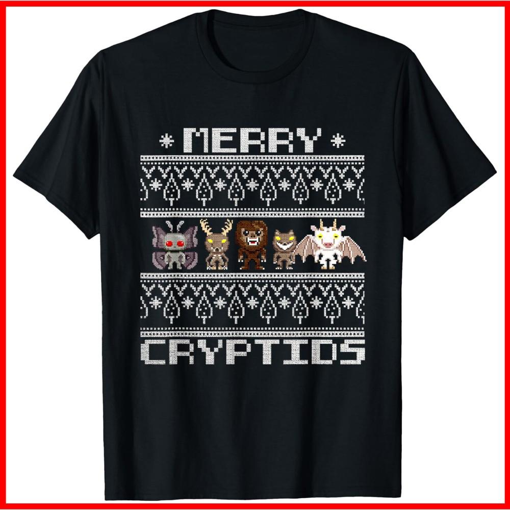 Merry Cryptids - Ugly Christmas Bigfoot, Mothman Black Cotton T-Shirt Unisex T-Shirt L