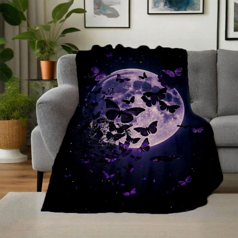 "Enchanted Night Butterfly Moon Wall Art Print"Blanket Flannel Throw Blanket for Sofa, Bed, Travel, Camping, Office