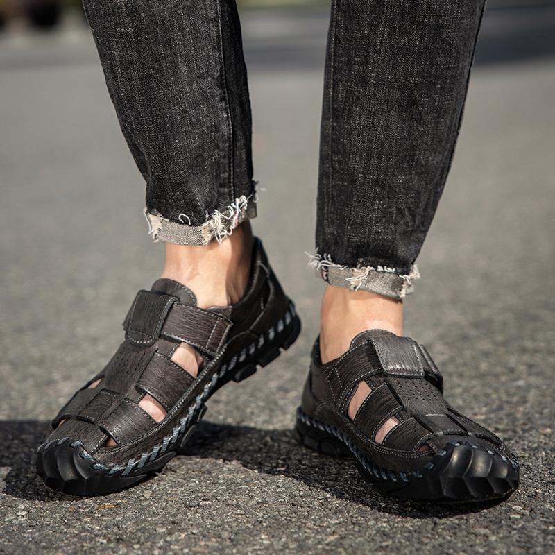 Summer Men's Beach Camping Shoes Handmade Soles Perforated Breathable Men's Genuine Leather Sandals Lightweight Oxford Shoes