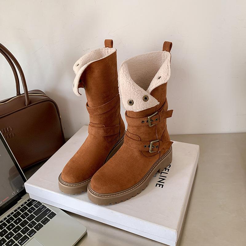 Autumn and winter Maillard retro Martin boots women's fashion versatile thick-soled two wear piled boots medium tube thin boots women