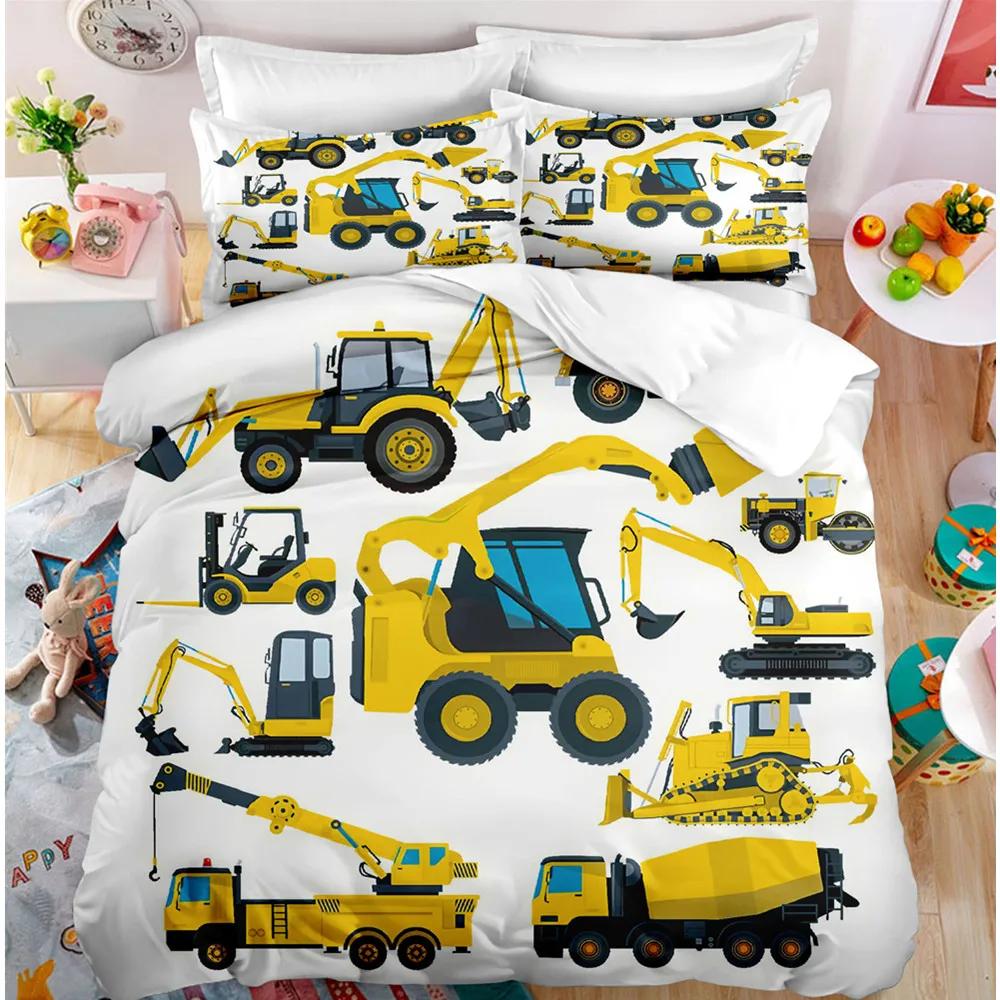 3D Print Excavator, Engineering Vehicle Bedding Set Kids Teenagers Winter Duvet Cover Set Bedroom Bed Linens Boys High-Quality