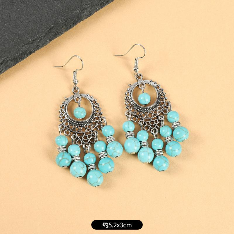 Retro ethnic style fringed earrings blue and red simple long bohemian earrings vacation style women's Tibetan silver earrings
