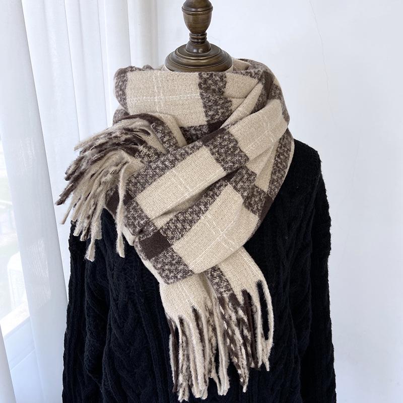 2024 Autumn/Winter Women's Plaid Scarf - Versatile Medium/Long Imitation Cashmere Tassel Shawl