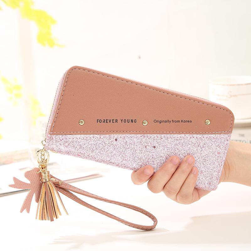 Ladies Wallet Long Zipper Gold Powder Stitching Hit Color Tassel Wild Rivet Mobile Phone Bag CLE