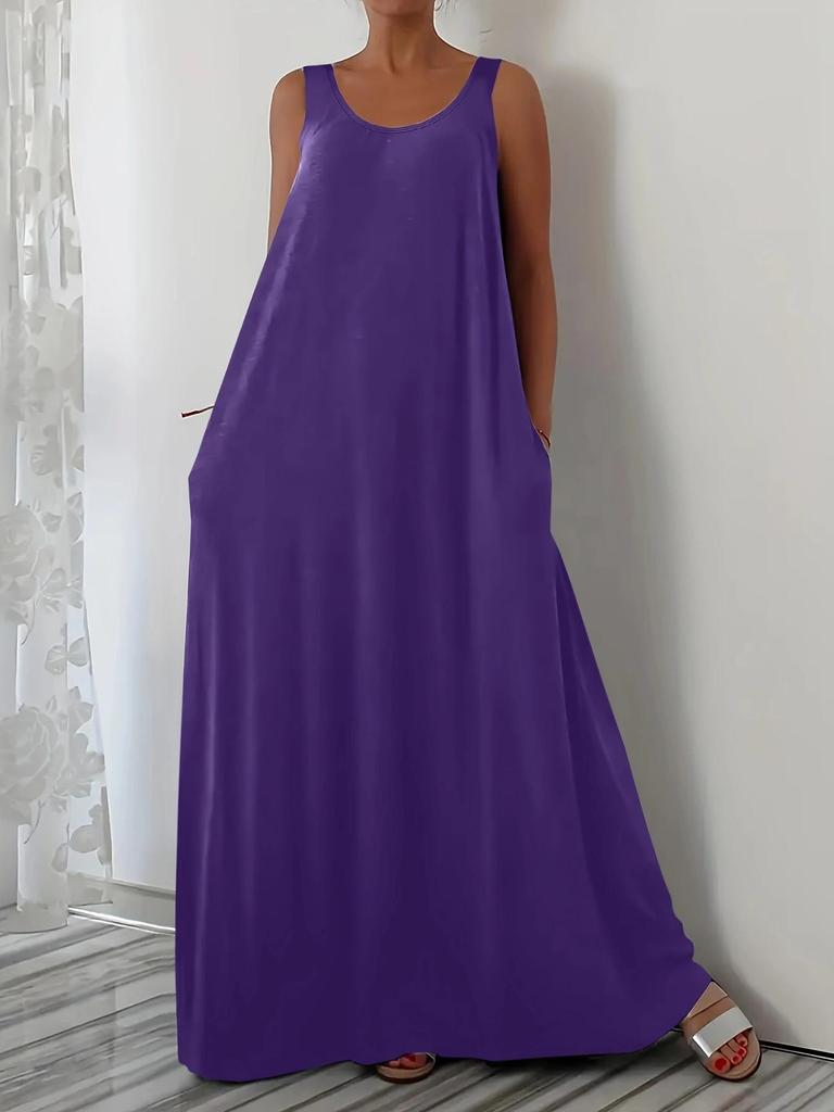 Plus Size Summer Solid Color Dress with Side Pockets (European and American Style)