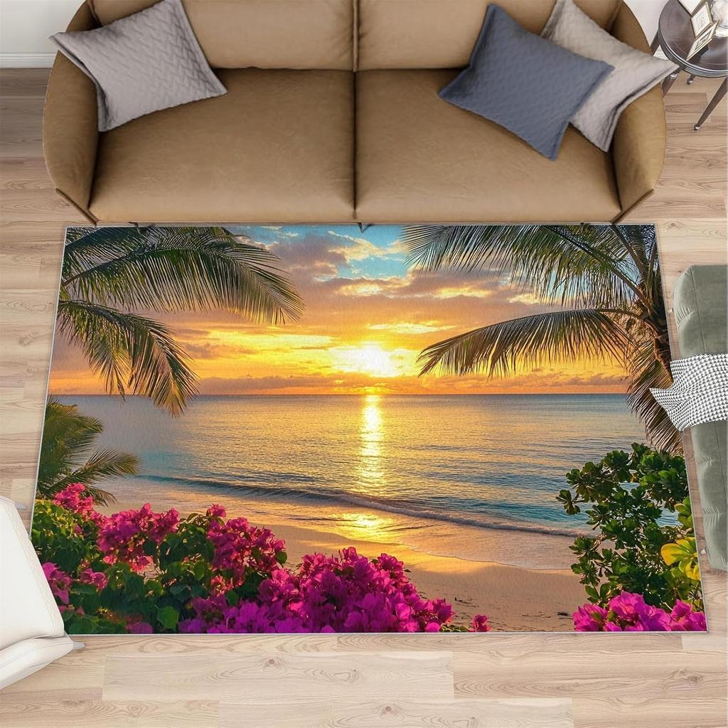 Tropical Beach Scene Carpet Sky Cloud Palm Trees Sand Print Rug Vacation Style Rectangular Anti-Slip Mat for Living Room Bedroom